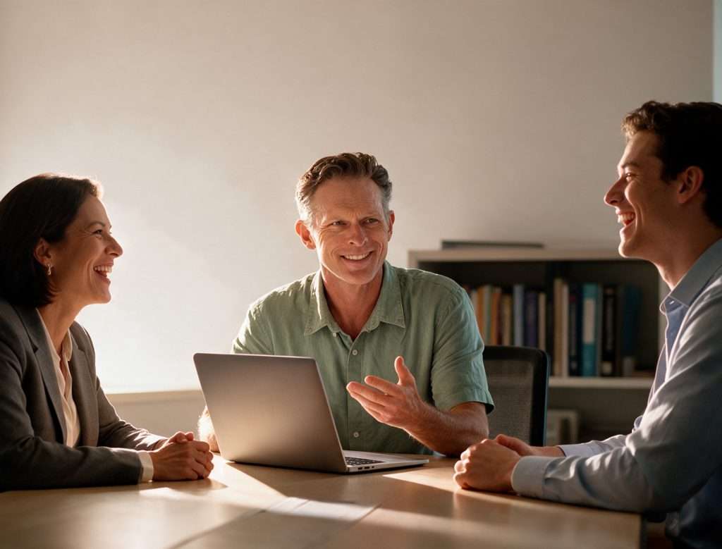 Tristan in a website design meeting with two clients